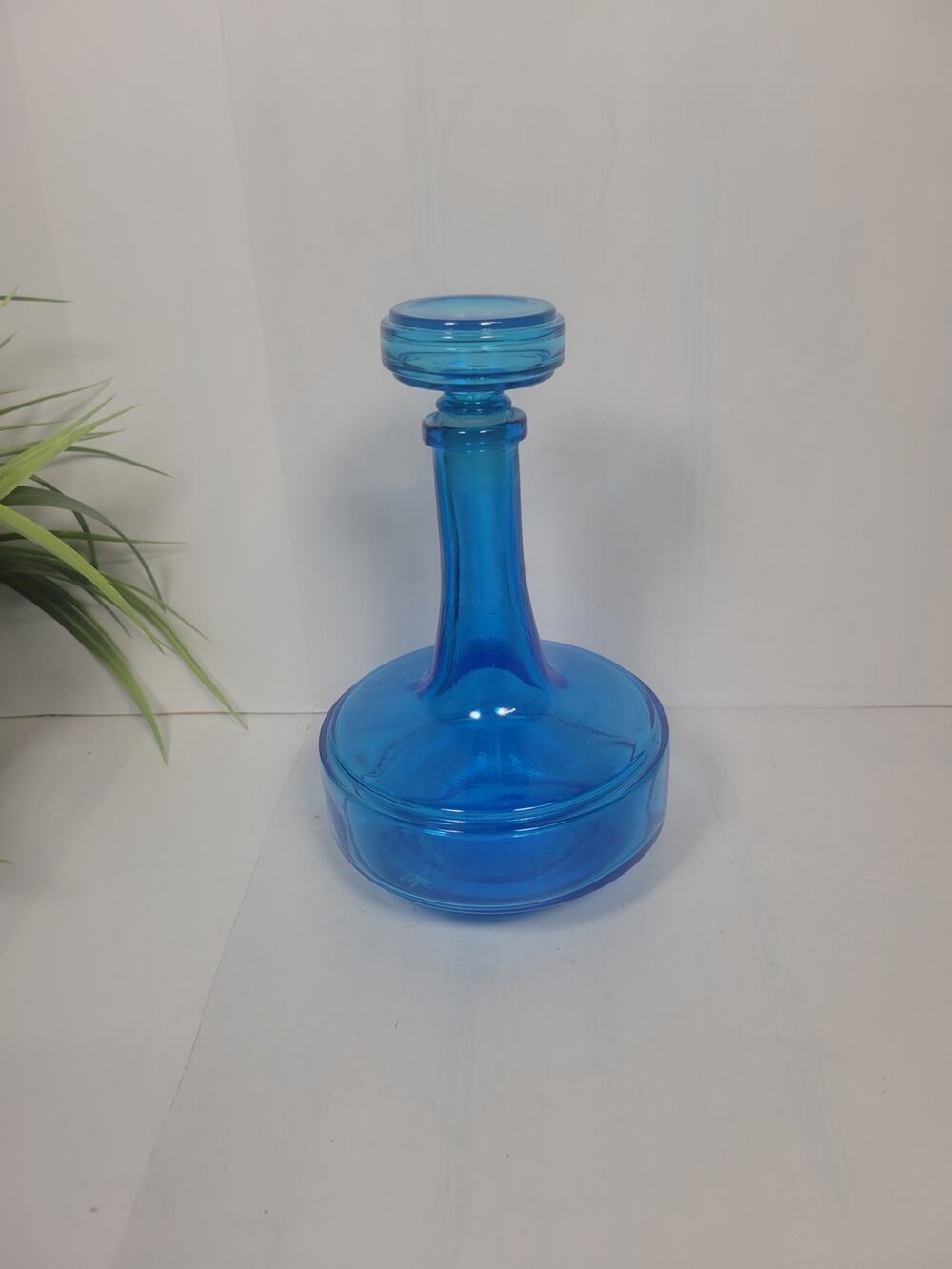 Vintage Blue Glass Decanter w/Stopper, Made In Belgium